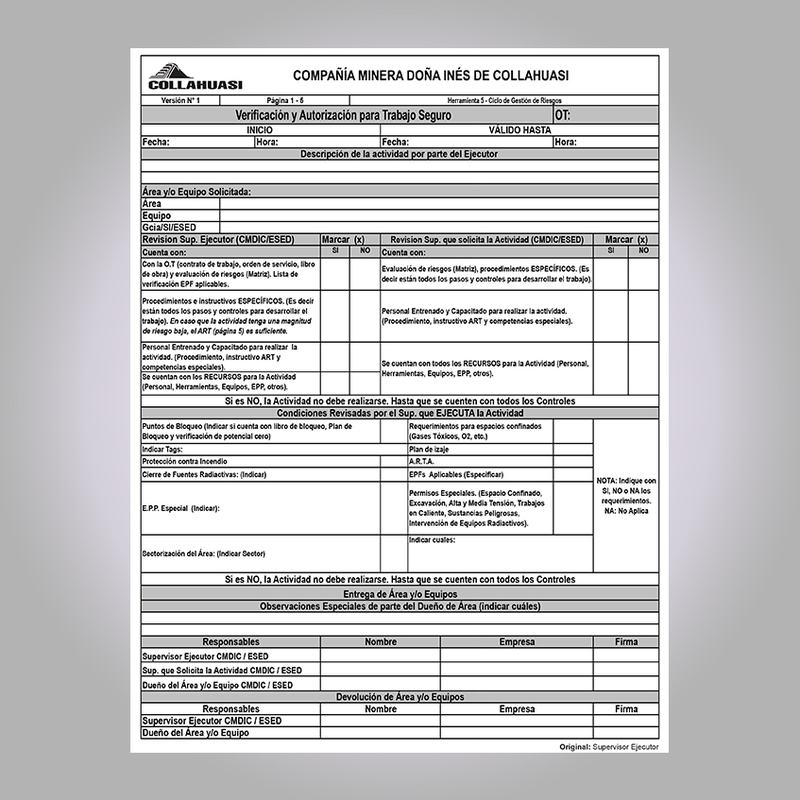Formulario de verificación y autorización de trabajo seguro